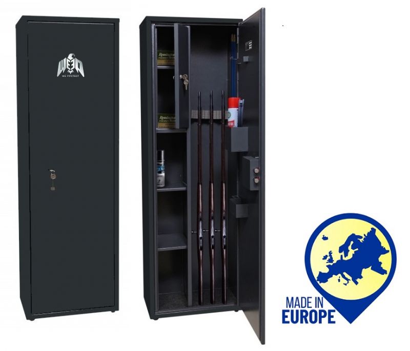 Armoire à fusil WE PROTECT Shooter 4 armes lunettes avec coffre intérieur -  étagères (35 kg) 